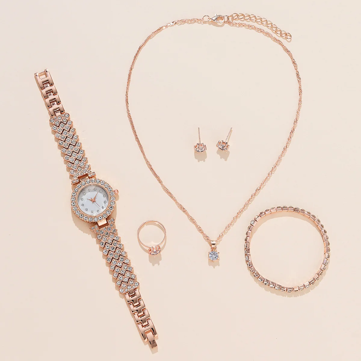 Set 6 Buah Jam Tangan Kuarsa Gelang Wanita Berlian Imitasi Mewah Jam Tangan Wanita Baja Set Sederhana Cincin Anting Kalung Reloj (Tanpa Kotak)