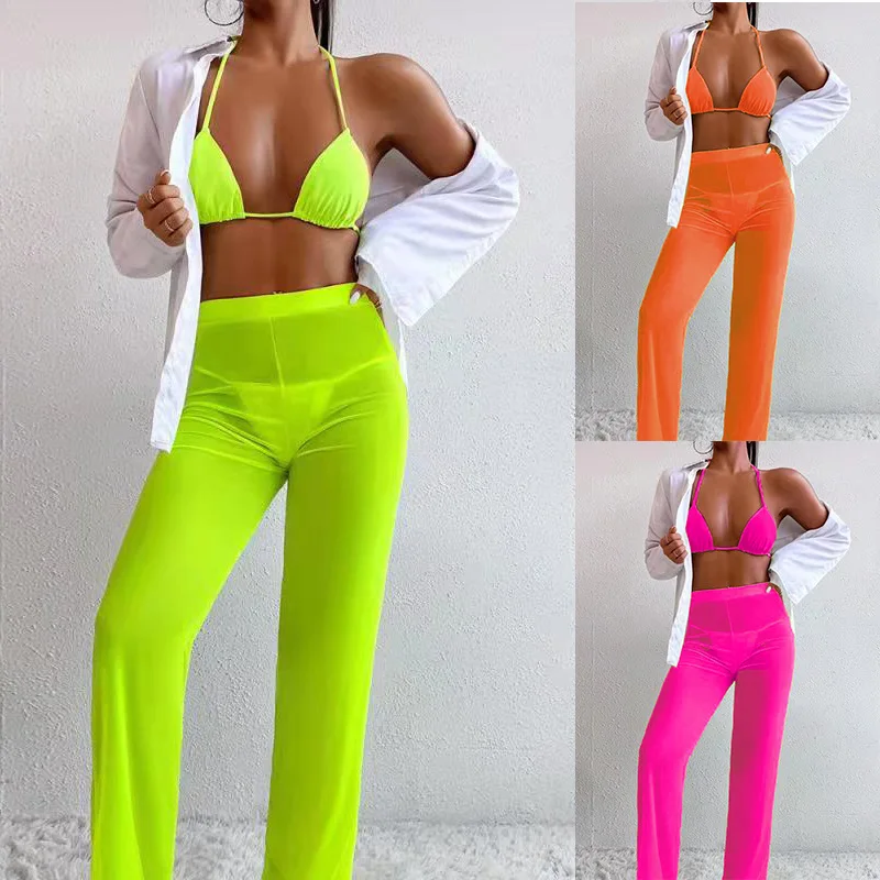 

2022 Swimsuit Three-Piece Bikini Sexy See-through Yarn Pants Solid Color Swimsuit Thong Bikini String Bikini