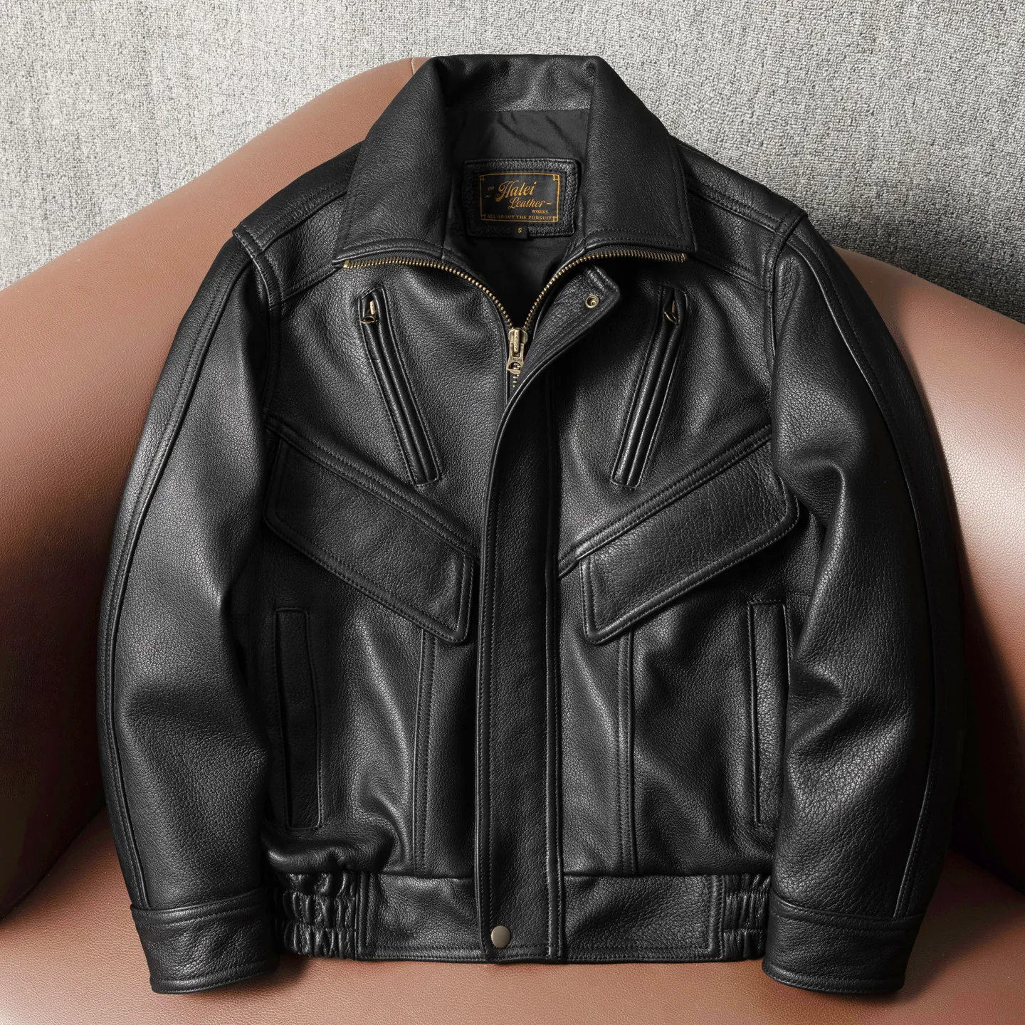

Flight suit first layer goatskin leather men's short large size leather short jacket