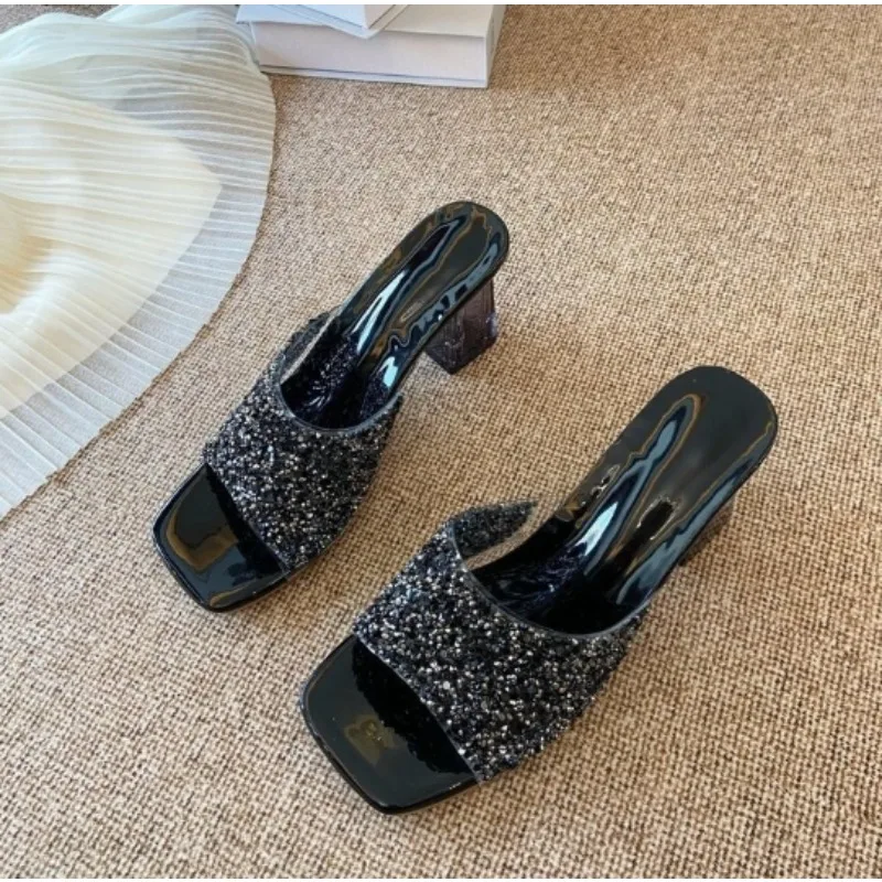 

Shiny Sequins High Heel Slippers for Women Summer Fashion Square Toe Transparent Heeled Sandals Woman Gold Silver Glitter Slides