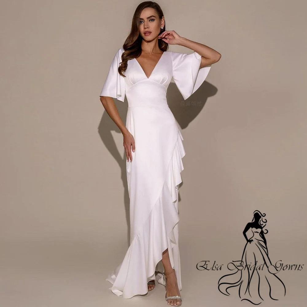 Vestidos de casamento personalizados, recém-chegados, decote em v, simples, manga curta, vestido de noiva longo, divisão lateral, costas nuas, sexy, elegante, vestidos de festa