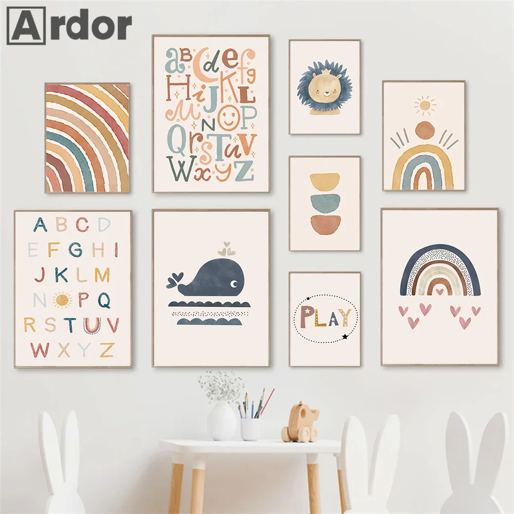 بوهو قوس قزح الشمس الأبجدية الرسم على لوحات القماش الجدارية الأسد الدب الحوت يطبع الحضانة الملصقات الشمال صور الطفل الاطفال غرفة ديكور #4