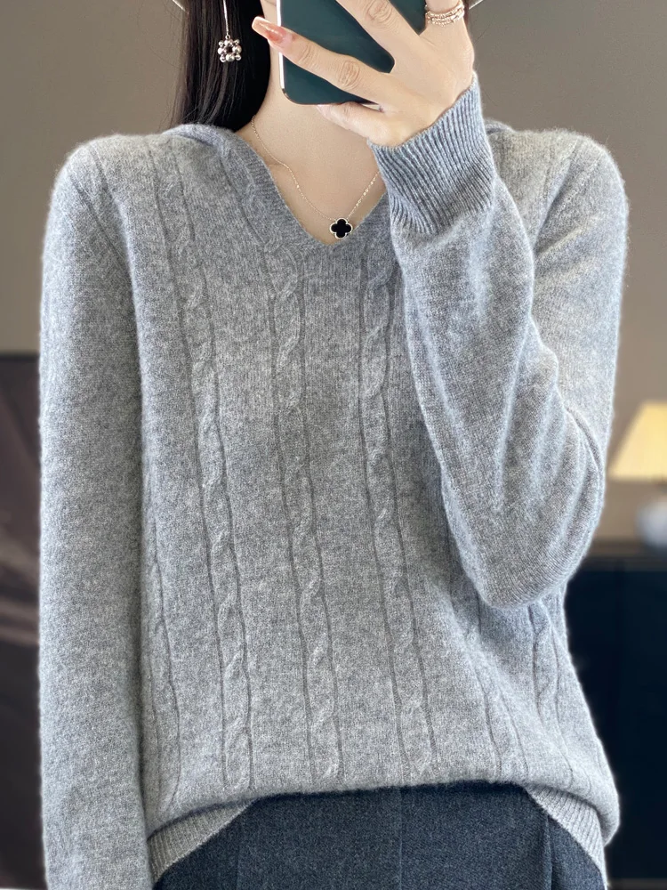 100% Pure Wool Hoodie Ladies Hooded Collar Blouse Knit Pullover Fashion Loose Twist Jacket Sweater Autumn Winter New Base Shirt