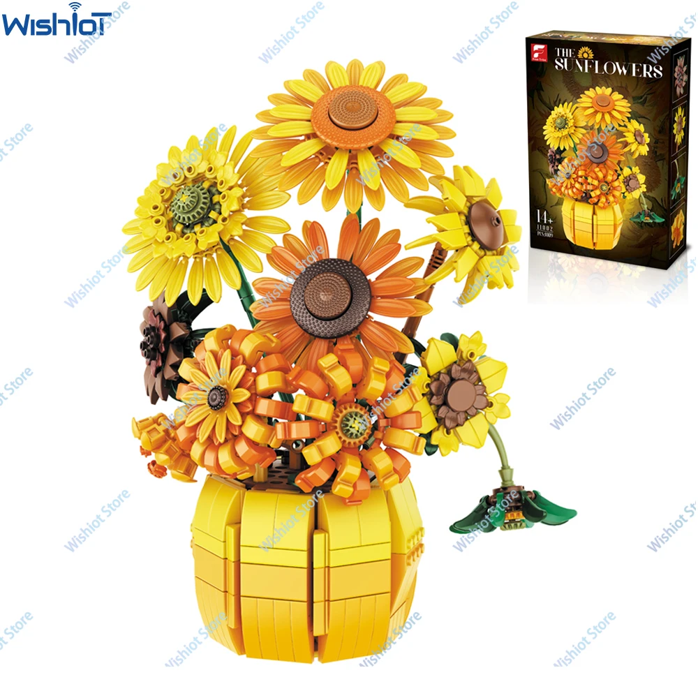 

1009PCS Building Blocks Flower Bouquet Vase Model Sunflower Brick Creative Home Decoration Bonsai Ornament Romantic Holiday Gift