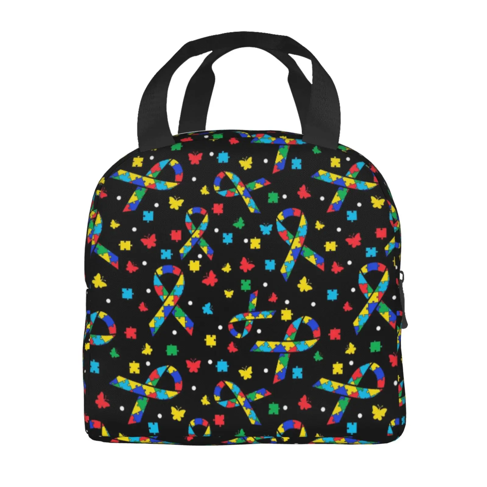 Autism Awareness Ribbon Butterfly Insulated Lunch Bag Portable Thermal Cooler Tote Handbag