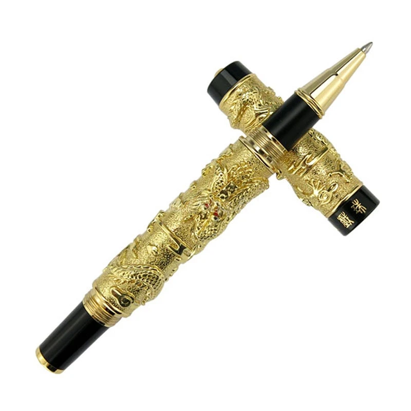 

No Gift Box Jinhao Gold And Black Double Dragon Playing Pearl Metal Carving Embossing Heavy Pen Gold For Roller Ball Pen JDF001