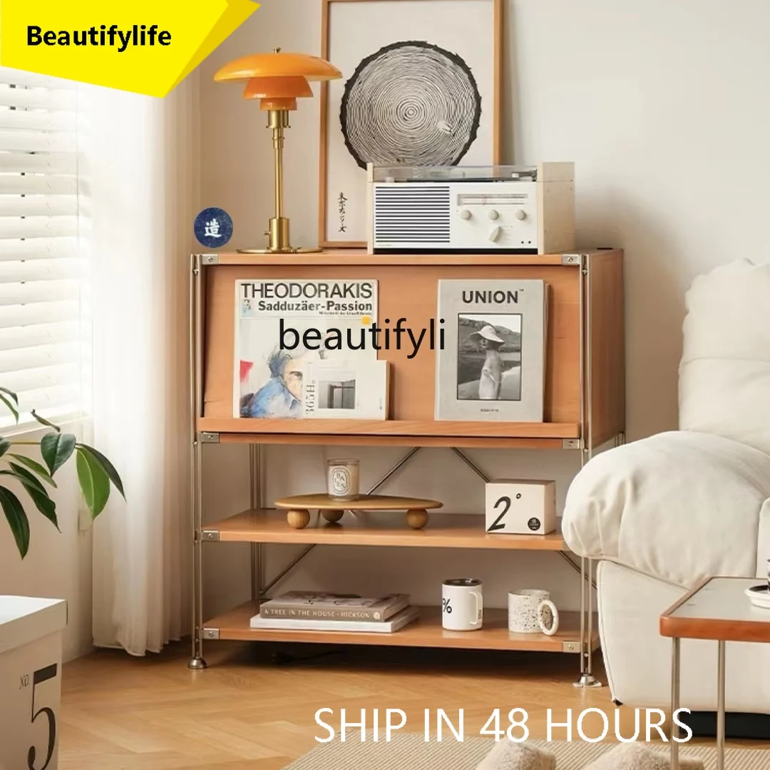 a16 Solid Wood Rattan Bookcase Storage Magazine Cabinet Record Storage Rack TV Side Cabinet