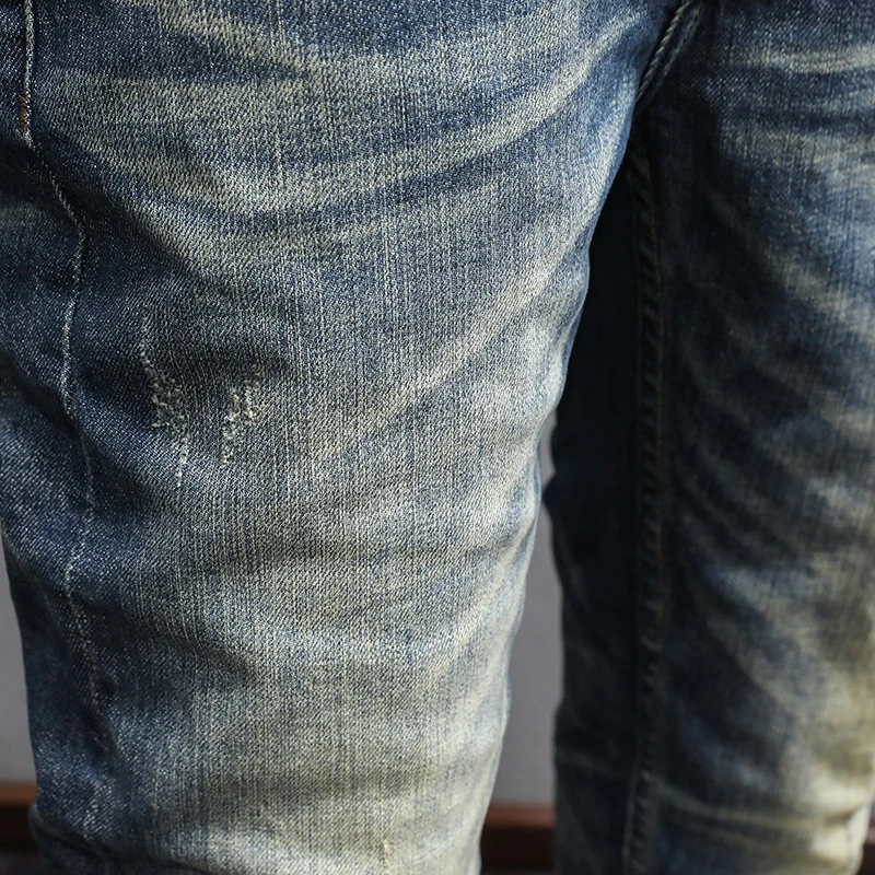 Italian Style Fashion Men Jeans High Quality Retro Blue Slim Fit Ripped Jeans Men Elastic Trousers Vintage Designer Pants Hombre