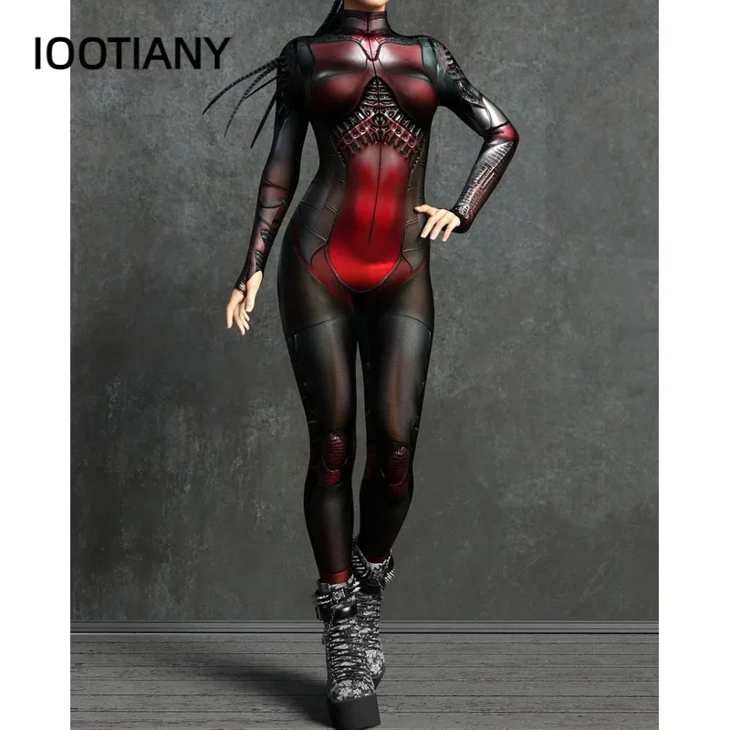 Iootiany women men muscle human body mecha dazzle 3D Printing Dress up jumpsuit Halloween party cosplay costumes outfit 2023