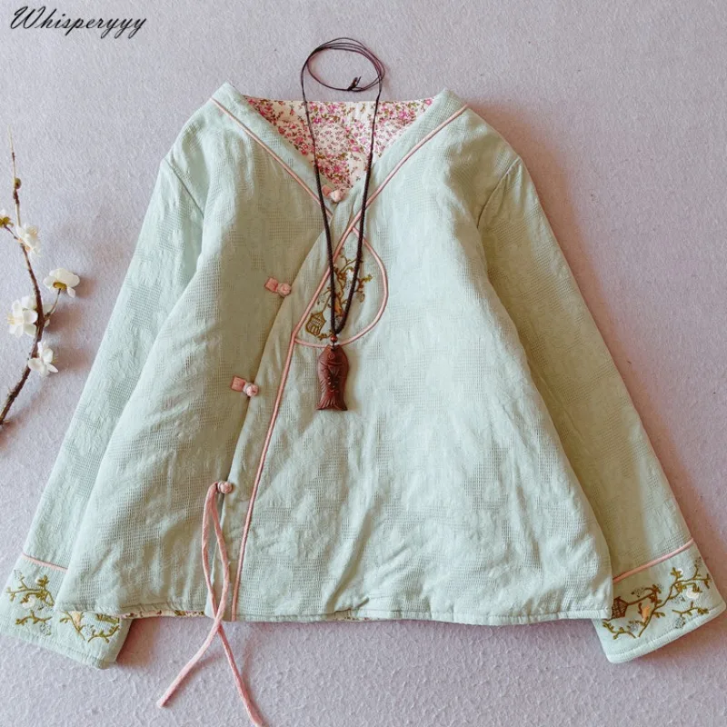 Chinese Style Embroidery Vintage Cotton and Linen Coat Thick Women\'s Winter Clothes Hanfu Tops Ethnic Style Cotton-padded Jacket