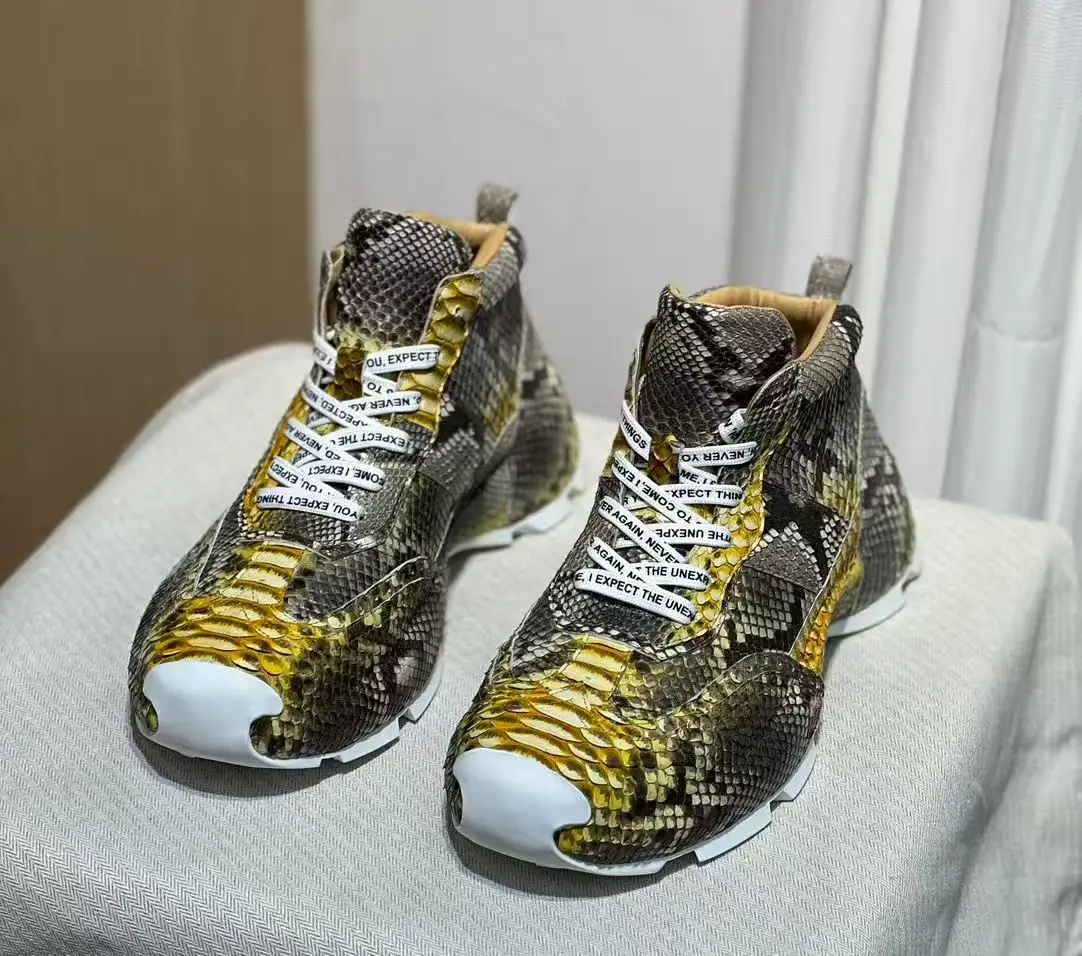 حذاء رجالي أصلي من جلد الثعبان الحقيقي، حذاء رياضي رجالي عالي الجودة من جلد الثعبان باللون الذهبي والأصفر مع بطانة بقرة #3