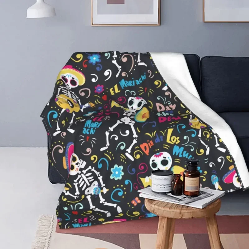 Day Of The Dead Flannel Sugar Skull Mariachi Skeletons Lightweight Thin Throw Blanket for Outdoor Travel Bed Rug