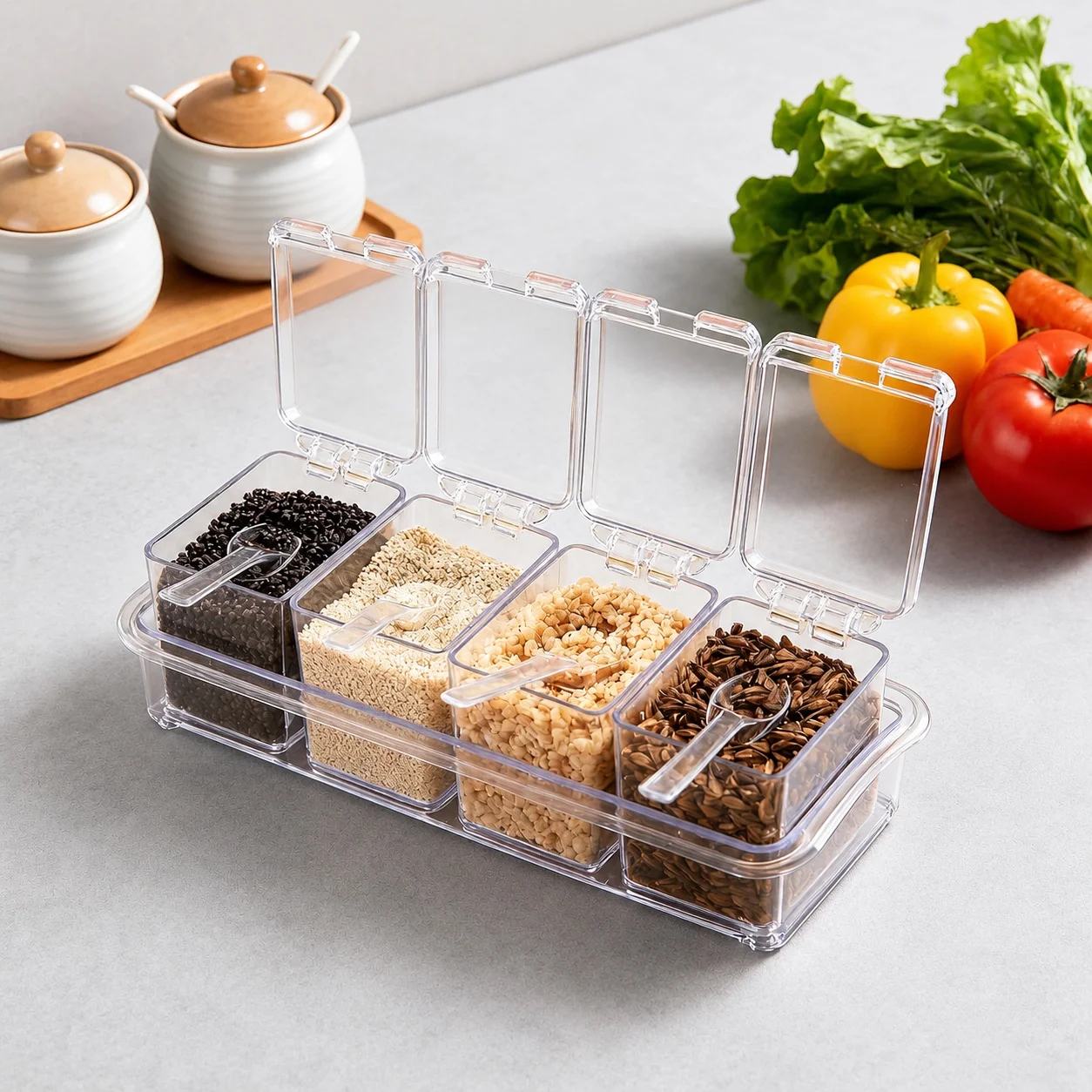 Four Compartment Transparent Seasoning Box with Spoon Lid and Storage Base, Salt, Sugar, MSG Four in One Storage Container