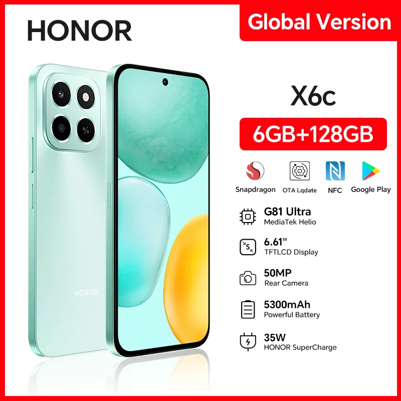 New Global Version HONOR X6c 6.61'' 120Hz TFTLCD Screen  50MP AI Main Camera 5300mAh 35W SuperCharge Support SD Card Android 15