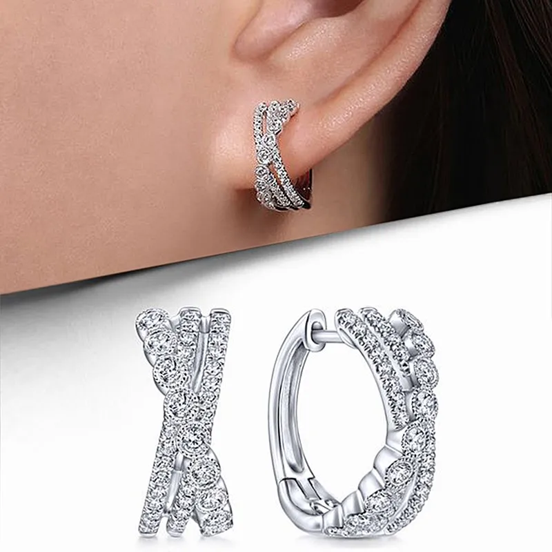 Huitan Fashion Cross Hoop Earrings for Women Luxury Paved Dazzling Cubic Zirconia Temperament Crystal Earrings Statement Jewelry