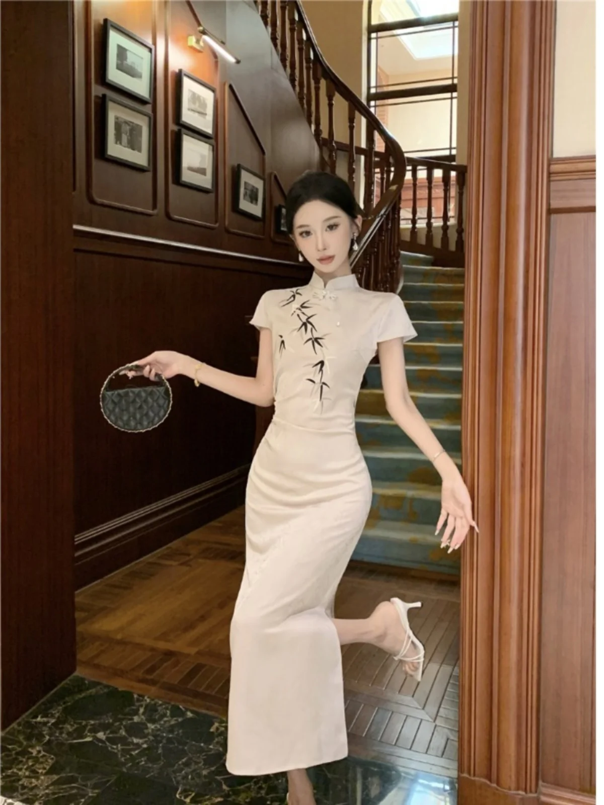 

Retro Chinese Sle Bamboo Print Younger Fit Flag Dr Elely Designed ort Sve High Slit Daily Wear Polyester Fiber