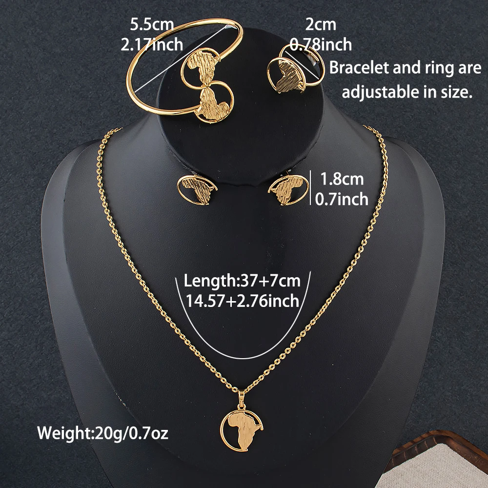 African Map Small 4PCS Jewelry Set Classic Gold Color Necklace Pendant Earrings Bangles Ring Stainless Steel Jewelry Gifts
