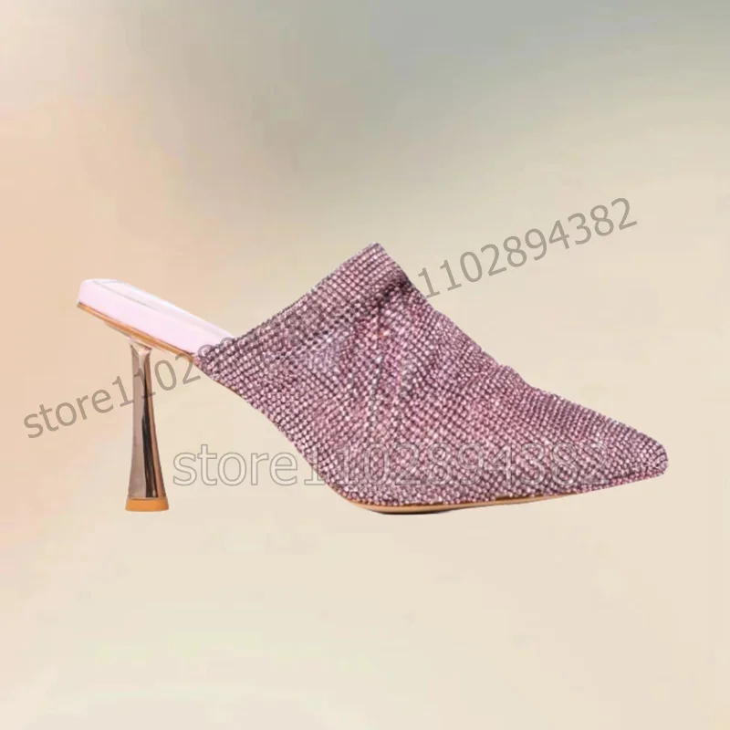 

Rose Red Rhinestone Decor Metal Heel Pointed Toe Slippers Slip On Women Shoes Thin High Heels Fashion 2025 Zapatos Para Mujere