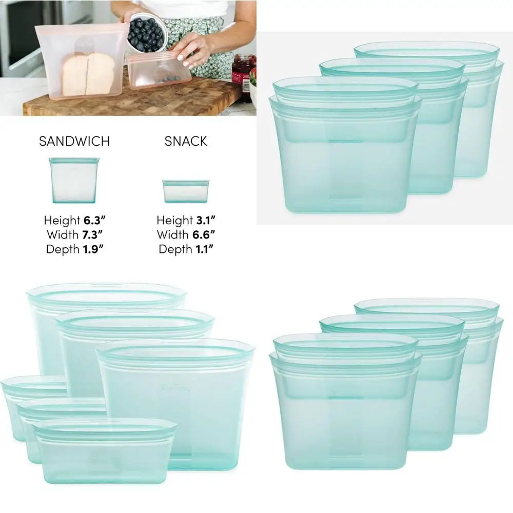 

Набор из 3-х многоразовых силиконовых пакетов для хранения продуктов питания — бирюзовый, 3 сэндвича и 3 размерами закусок, безопасный для микроволновой печи, посудомоечной машины и морозильной камеры. | США