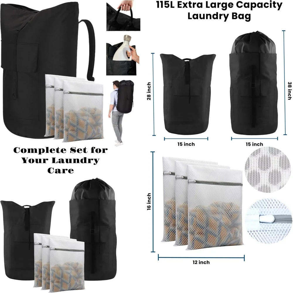

Expandable Laundry Backpack 115L Heavy Duty Adjustable Shoulder Strap with 4 Pockets Portable College Dorm Travel Bag for Men