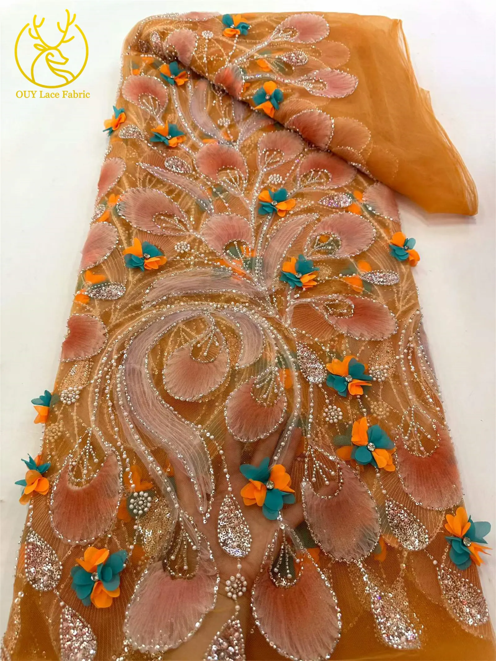 Eleganter 3D-Blumen-Afrikanischer Perlen-Spitzenstoff 2026 Französischer Nigerianischer Pailletten-Tüll-Spitzenstoff für Party- und Hochzeitskleider 5 Yards – Detail 16