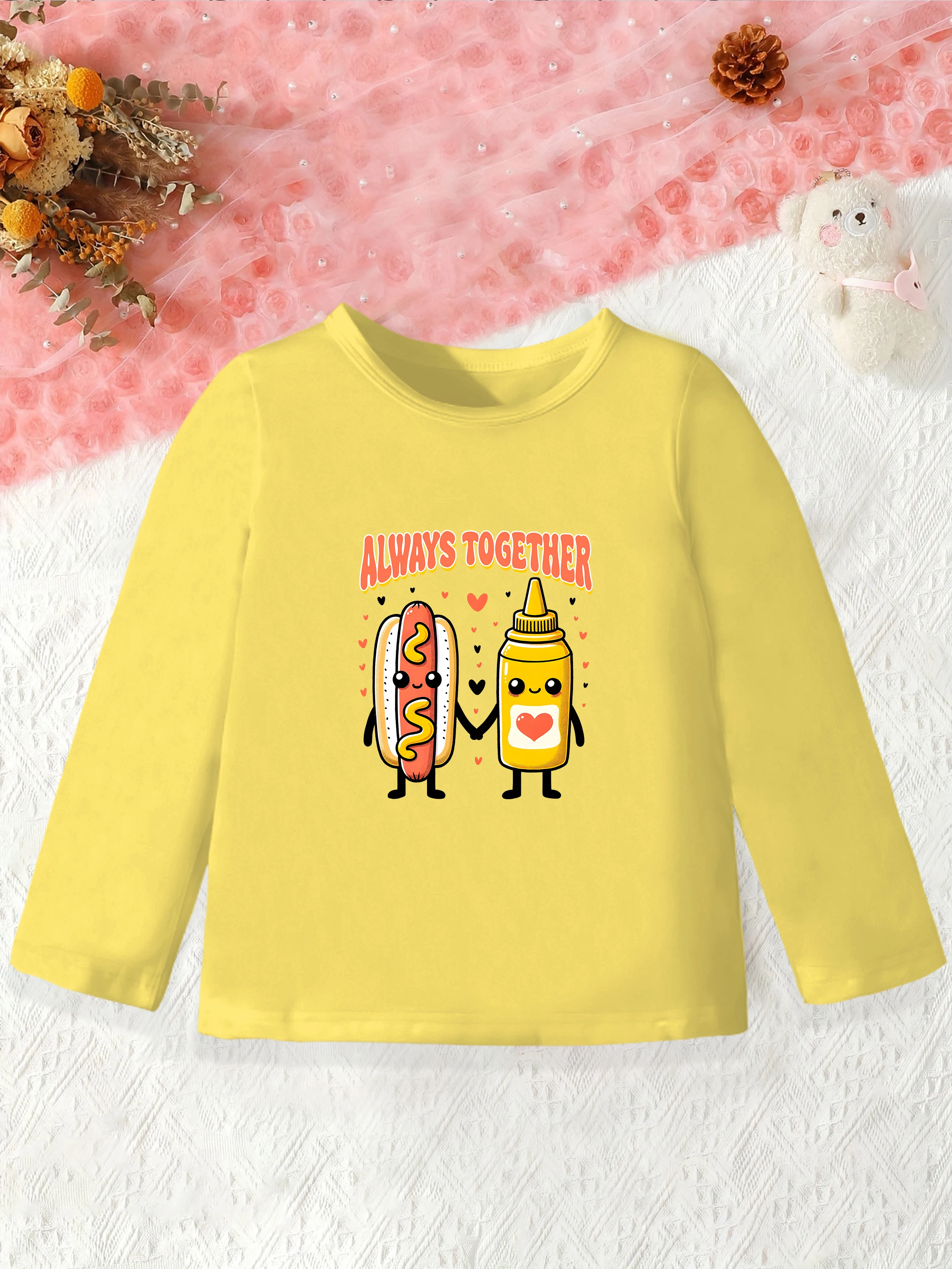 

1 шт.: Осенний базовый слой для девочек на День святого Валентина, мультяшная хот-дог, майо, сладкий узор