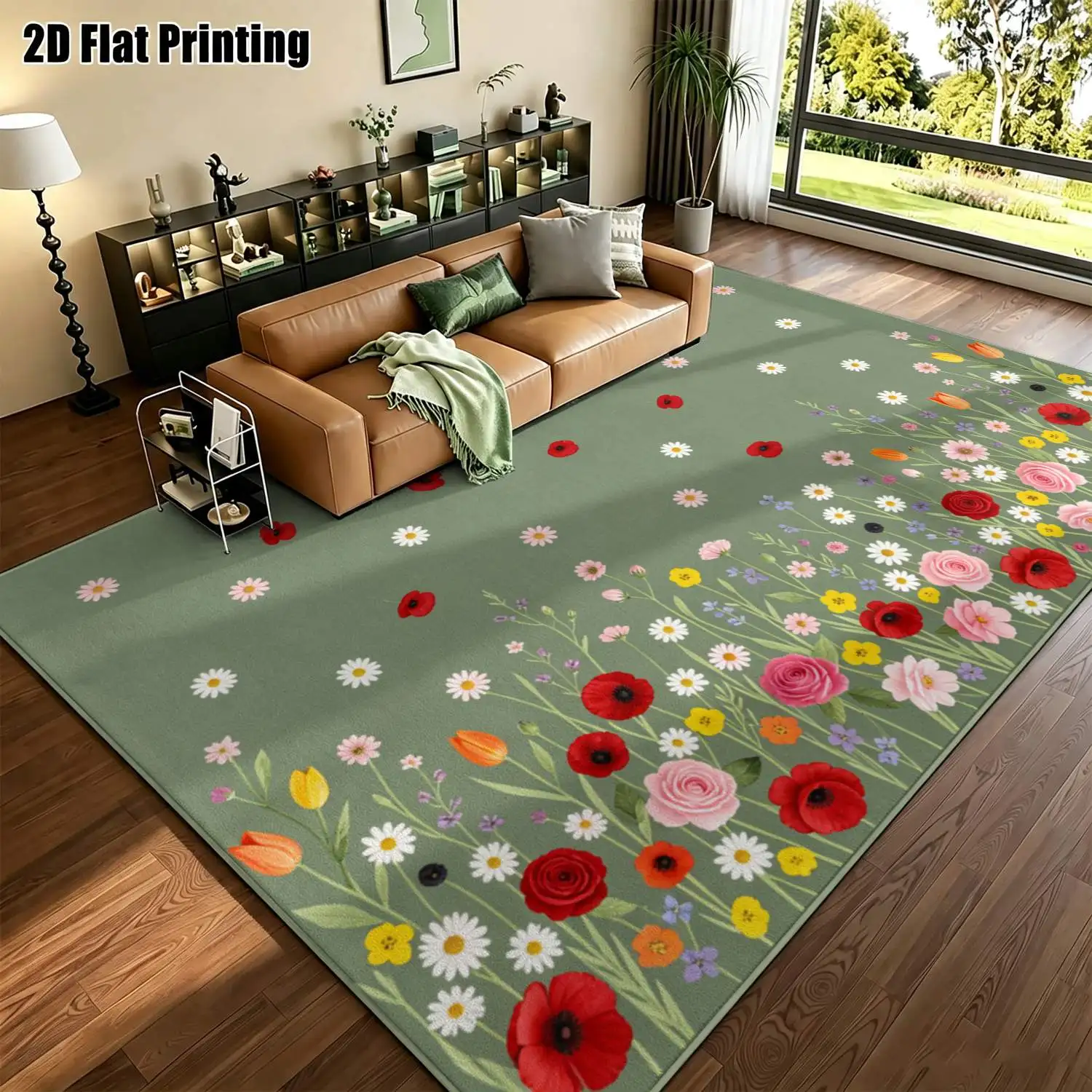 1Pc 2D Printed Carpet: Green Base Pink Flower Nordic/Instagram Style Modern Minimalist Vintage Floor Mat, Machine Washable, Multi-Size, for Home Decoration, Entrance/Dining/Foyer/Bedroom/Living Room