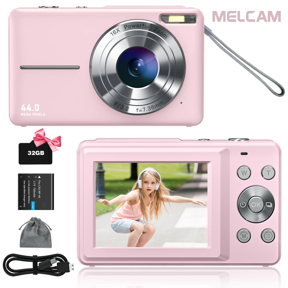 44MP Digital Camera, FHD 1080P Digital Camera for Kids with 32GB SD Card Anti Shake Portable Camera Small Camera for Teens, Pink