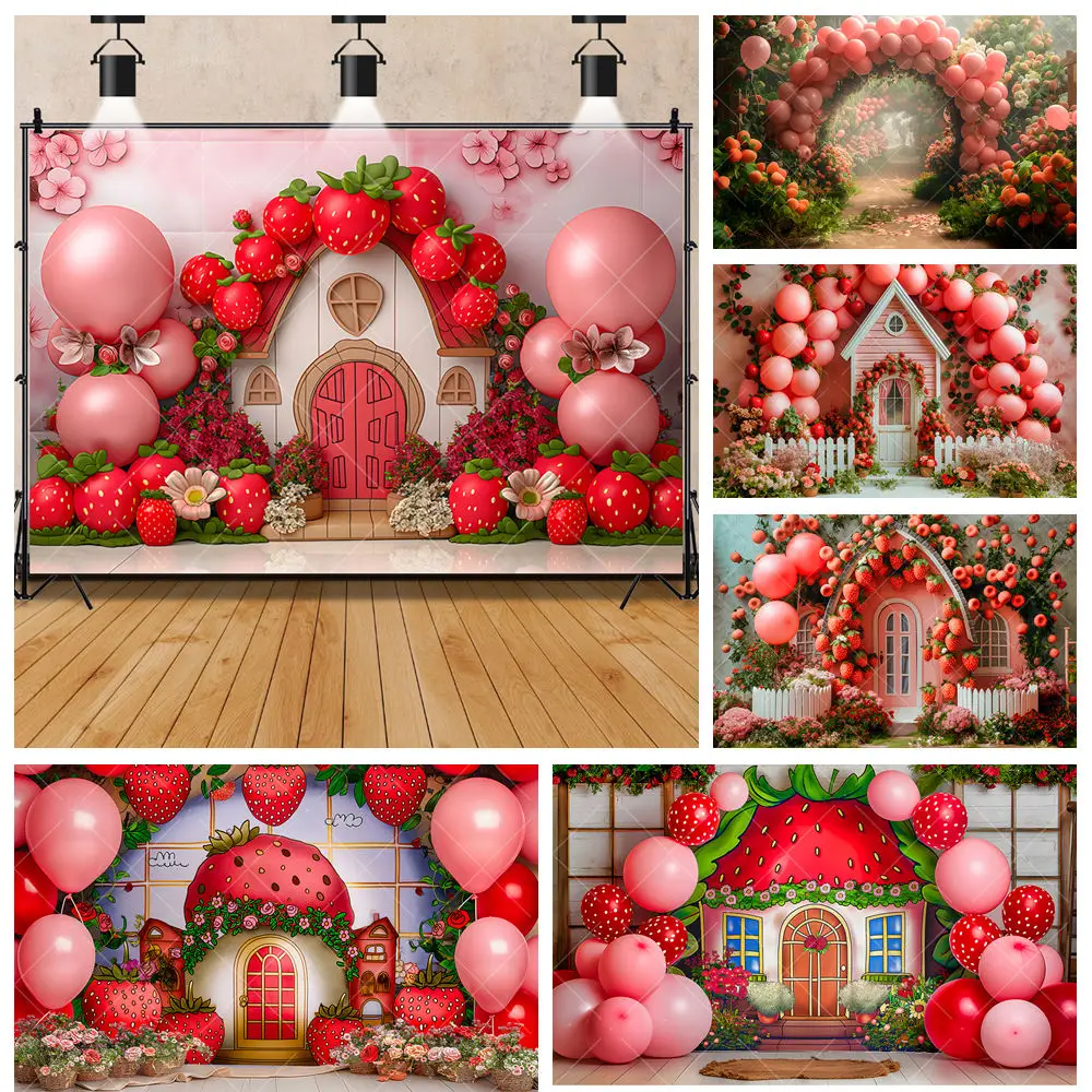 Red Strawberry Berry House BalloonArch Girl Boy Baby Kid Shower Birthday Party Cake Smash Backdrop Custom Decor Photo Background