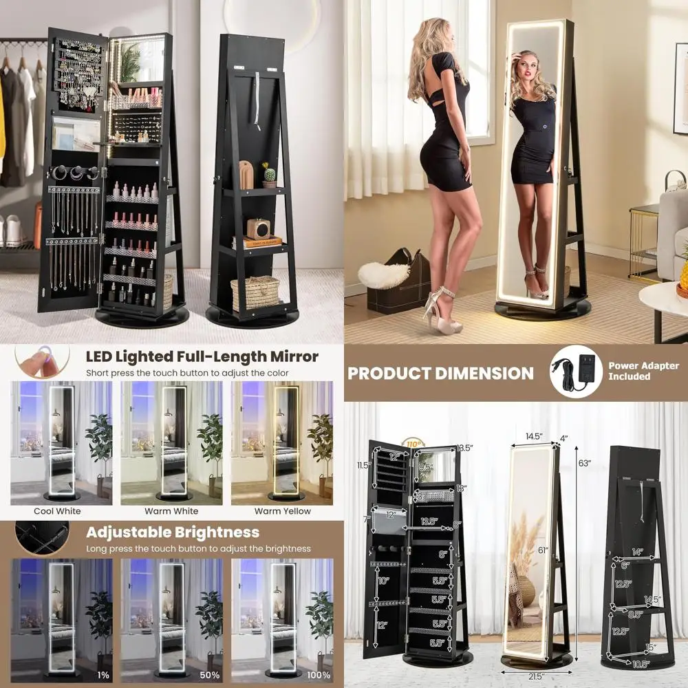 

Large Lockable Jewelry Armoire with LED-lit Mirror & Vanity, Storage Organizer for Jewelry in Black