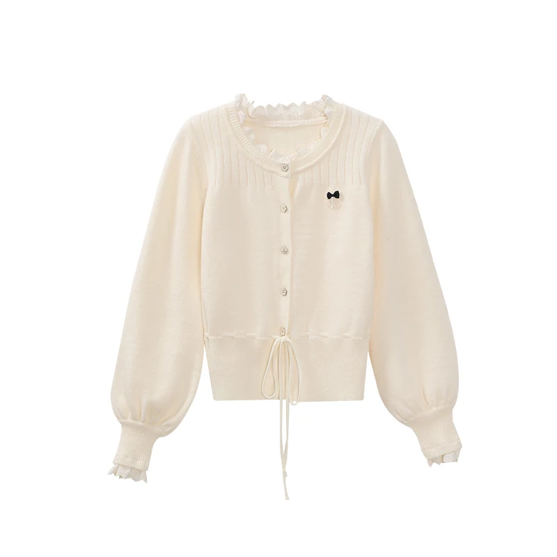 ALXNAN 플러스 사이즈 버튼 가디건 드로스트링 밑단 라운드넥 신축성 니트 스웨터 슬림 엘레강트 특별 따뜻한 여성 상의 D57526