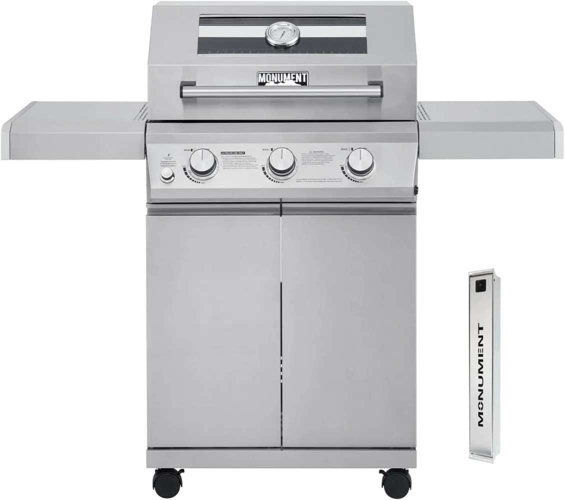 Larger 3-Burner Propane Gas Grills Barbeque Stainless Steel Heavy-Duty Cabinet Style with Smoker Box (2 Items)