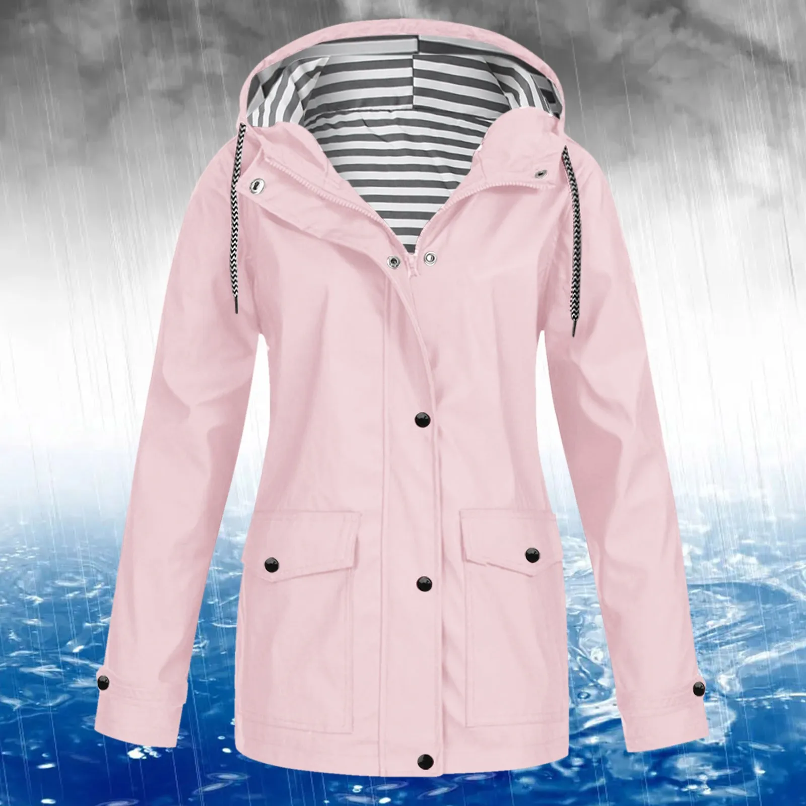 

Women Waterproof Zipper Rain Jacket Solid Color Ladies Outdoor Mountaineering Lightweight Raincoats Plus Size