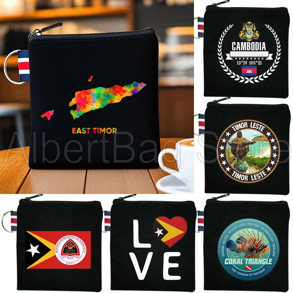 

Timor Leste Map Flag Cambodia Birthday Gifts Canvas Key Coin Purse Small Square Cotton Bag Storage Card Wallets Holders Pouch