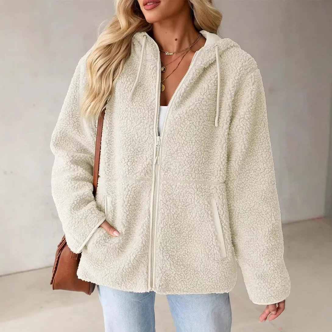 2024 European and American New Arrival Women's Lamb Wool Jacket Hoodie, Casual and Comfortable Loose Fit Outerwear