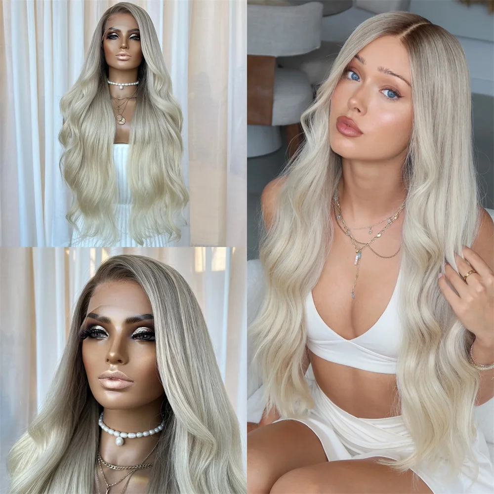 

Side Free Parting HD Lace Front Wig Super Long 32inch Natural Wave Synthetic Futura Fibre 13x4 Ash Honey Blonde Wigs Pre Plucked