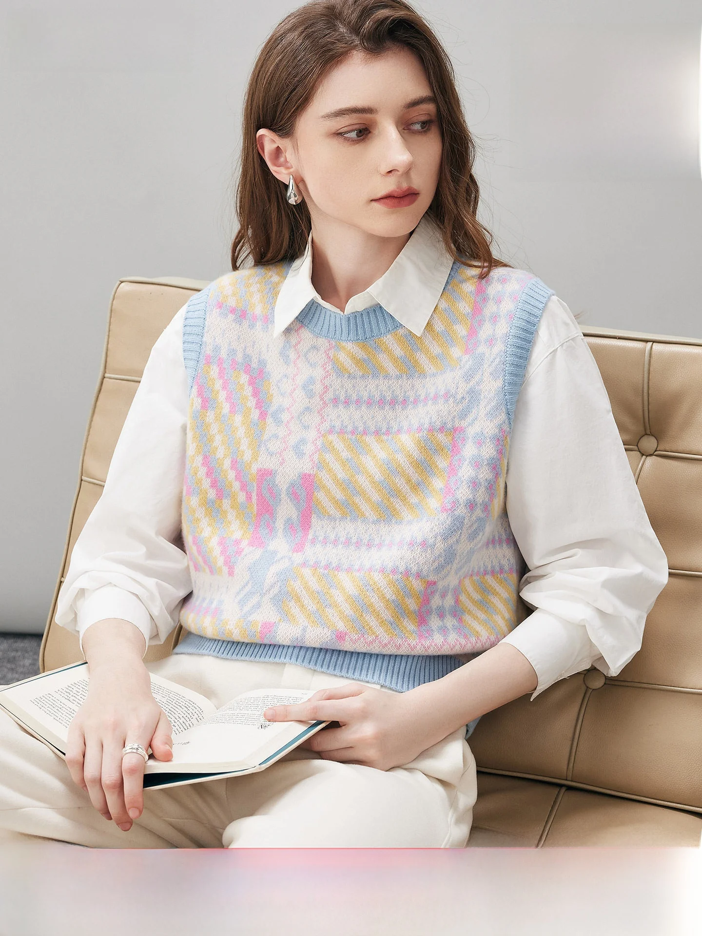 

Cboca Woolen Knitted Vest Women's Loose Thiened Svel round Ne Vest Autumn Winter New Sle Floral Patterned Oute...