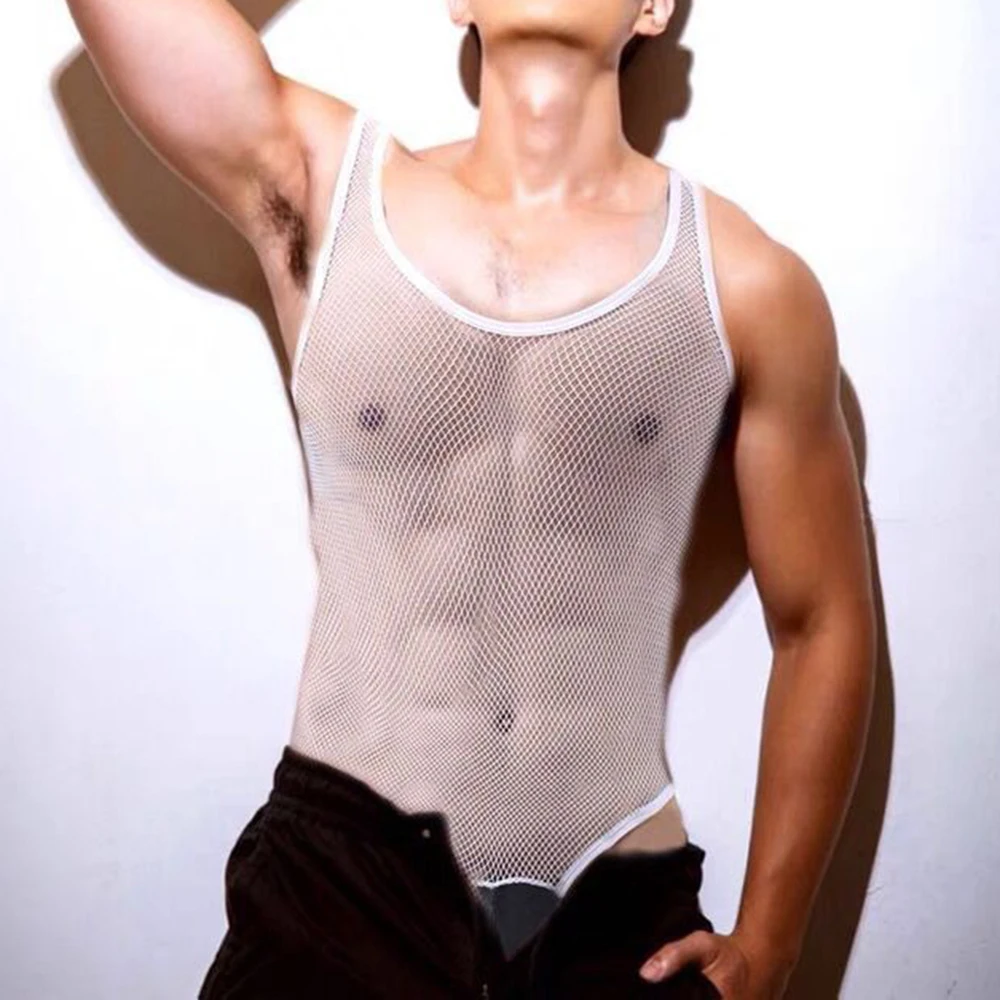 2024 Mens Sexy Men\'s Bodysuit Hollow Mesh Body Sculpting Underwear Macho See-through High Fork Triangle Sleeveless Jumpsuit Vest