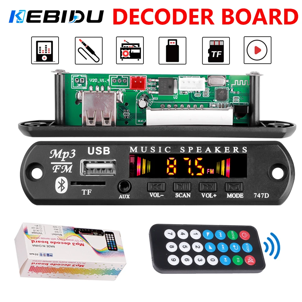 KEBIDU Bluetooth 5.3 MP3 Player DC 12V Placa Decodificadora MP3 Automotiva Sem Fio com Troca de Pastas, USB, TF e Rádio FM para Alto-falante