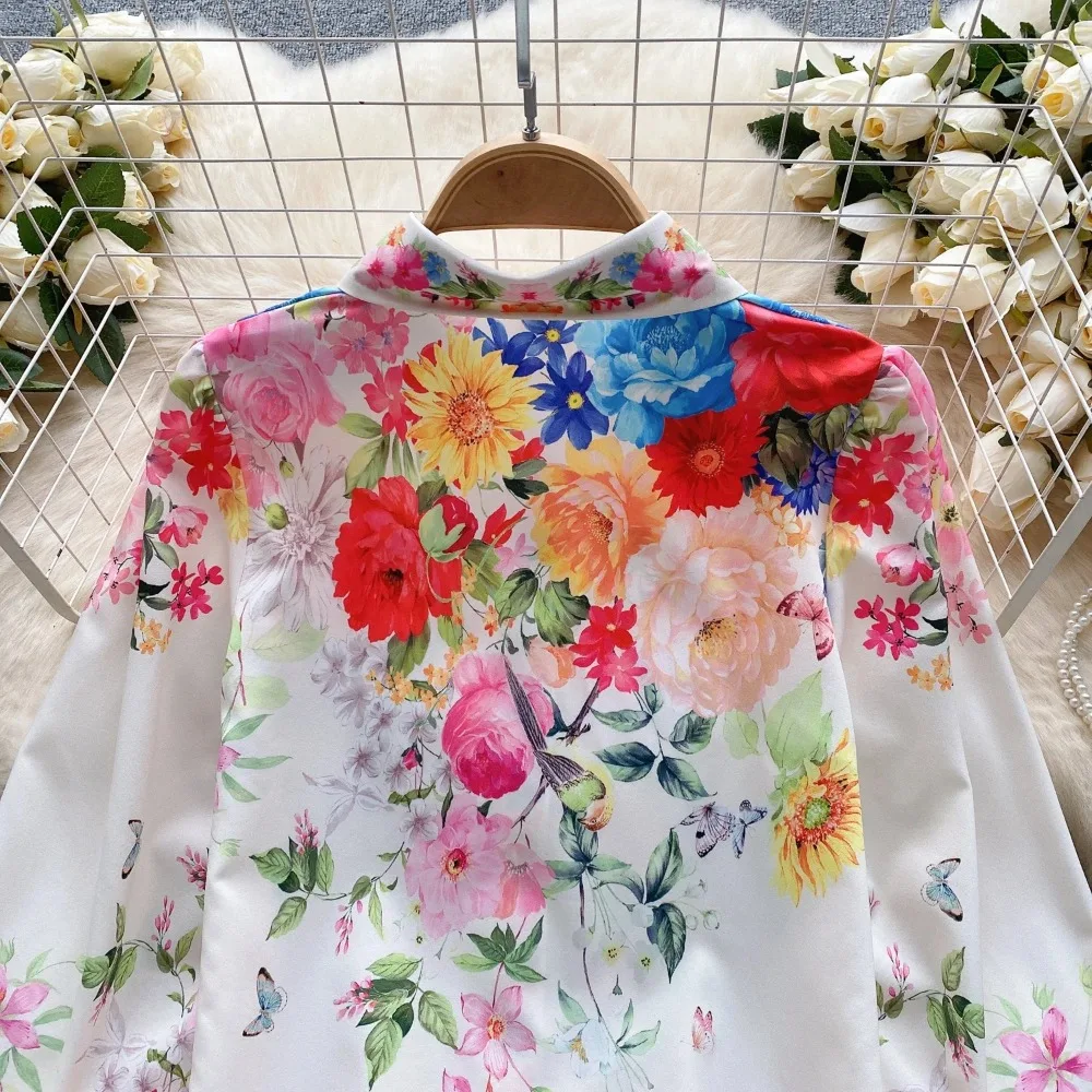 Vintage Elegant Print Lantern Sleeve Loose Blouse Fashion Polo-neck Shirt  Casual Chic Top Fairy Autumn Women