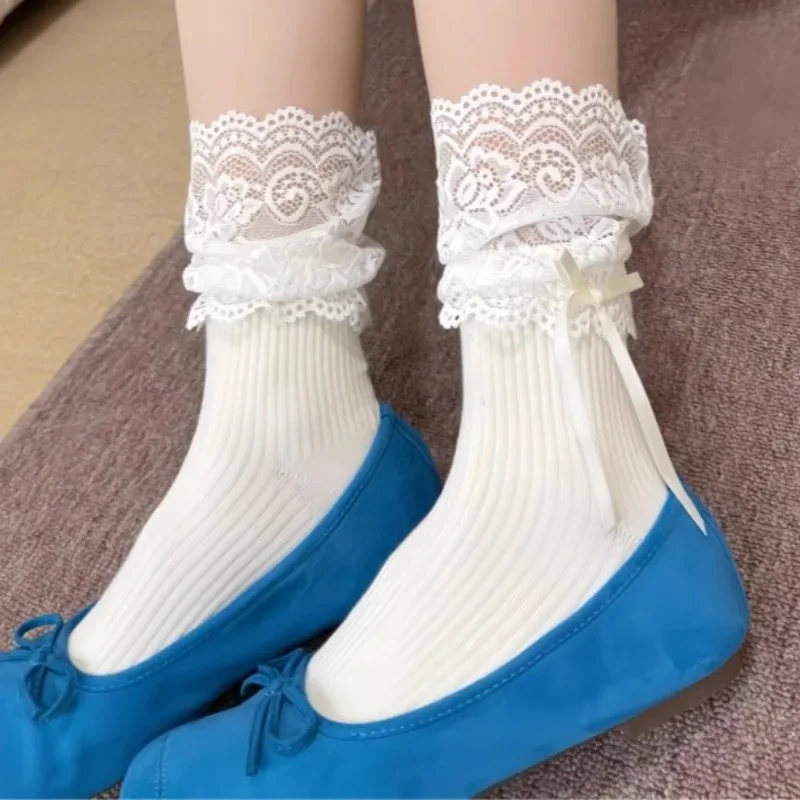 Harajuku الحلو Kawaii الباليه نمط منتصف العجل جورب اليابانية لوليتا Jk الدانتيل العجل كومة القوس جوارب بيضاء النساء الجوارب المنزل الطابق جورب