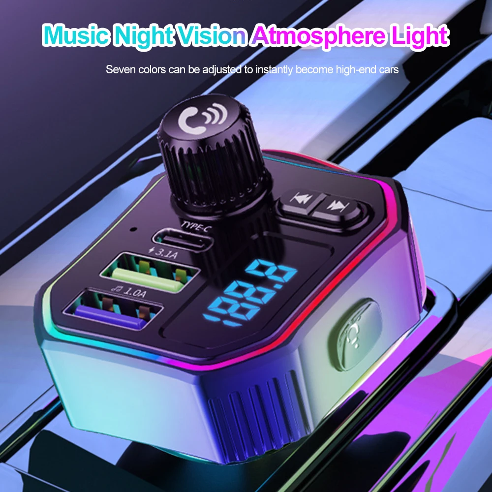 Bluetooth 5.0 Car FM Transmitter Type-C USB Fast Charger with Atmosphere Light MP3 Player U Disk AUX Hands-free Call Kit