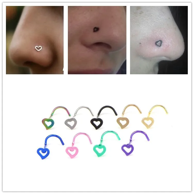 1pcs New Fashion Stainless Steel Nose Studs Heart Shape Multicolor Nose Rings Nose Studs Hooks Nose Piercing Body Piercings Jewe