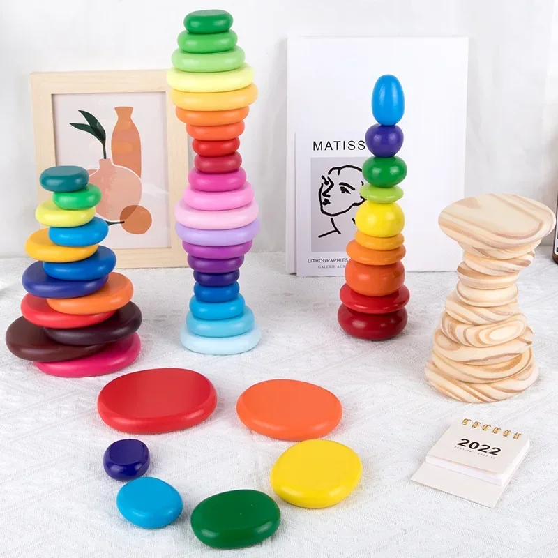 Children Early Education Color Recognition Wooden Stacked Stone Toys 2024 Funny Rainbow Stacked Stones Pebble Building Blocks