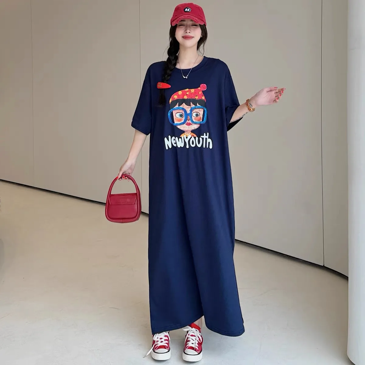 Loose Mid-Length T-Shirt Skirt with Slit Korean Style Casual Summer Dress for Women 18-24 Years Old Polyester Fiber
