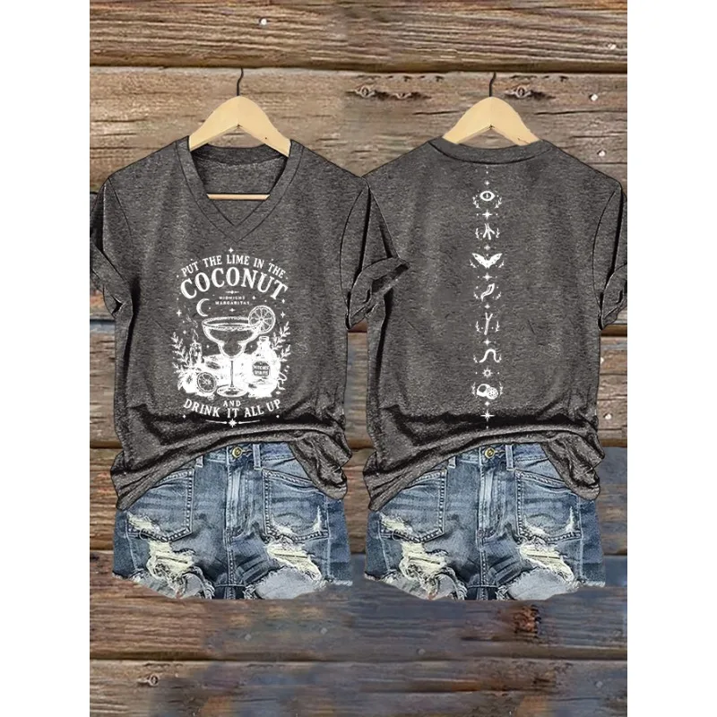 ilstile Women's Halloween Coconut Print T-Shirts Summer Short Sleeve Casual Loose T Shirt V Neck Tops Tees Hot Sale