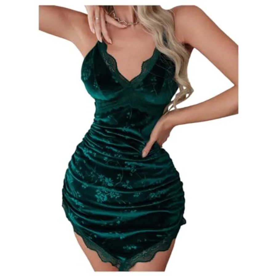 

WDIRARA Women's Sexy Floral Velvet Asymmetric Hem Lingerie Lace Trim V Neck Babydoll Chemise Dress Sleepwear
