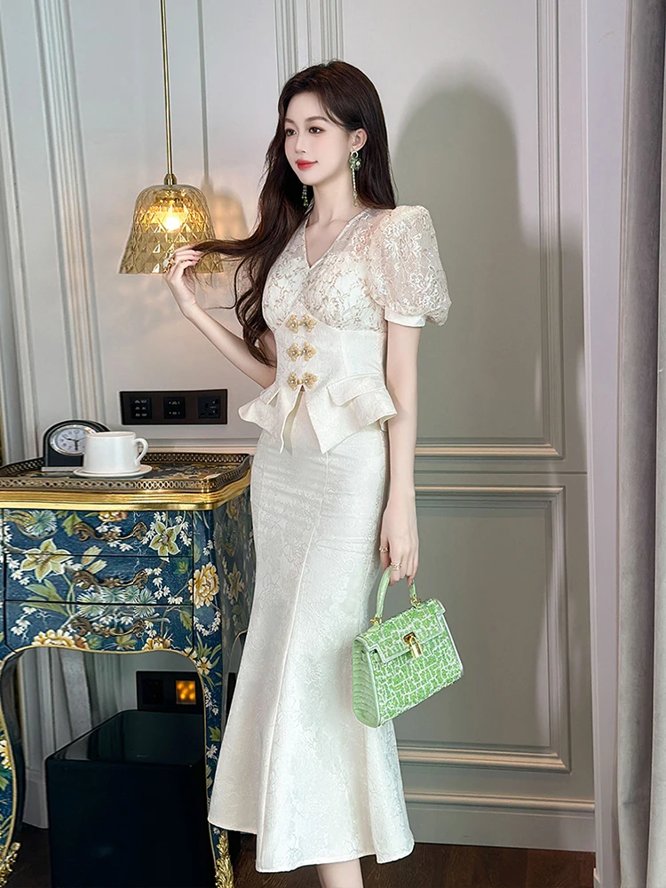 Qipao Set Skirt Women\'s Chinese Style Bubble Sleeve Tops High Waist Fishtail Long Skirt 2 Piece Clothing Party Banquet Outwear