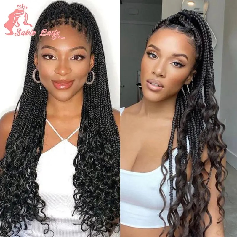 Pelucas trenzadas sintéticas sin nudos para mujeres negras, pelucas de encaje completo con extremos rizados, Peluca de cabello trenzado frontal, estilo bohemio, 18 pulgadas