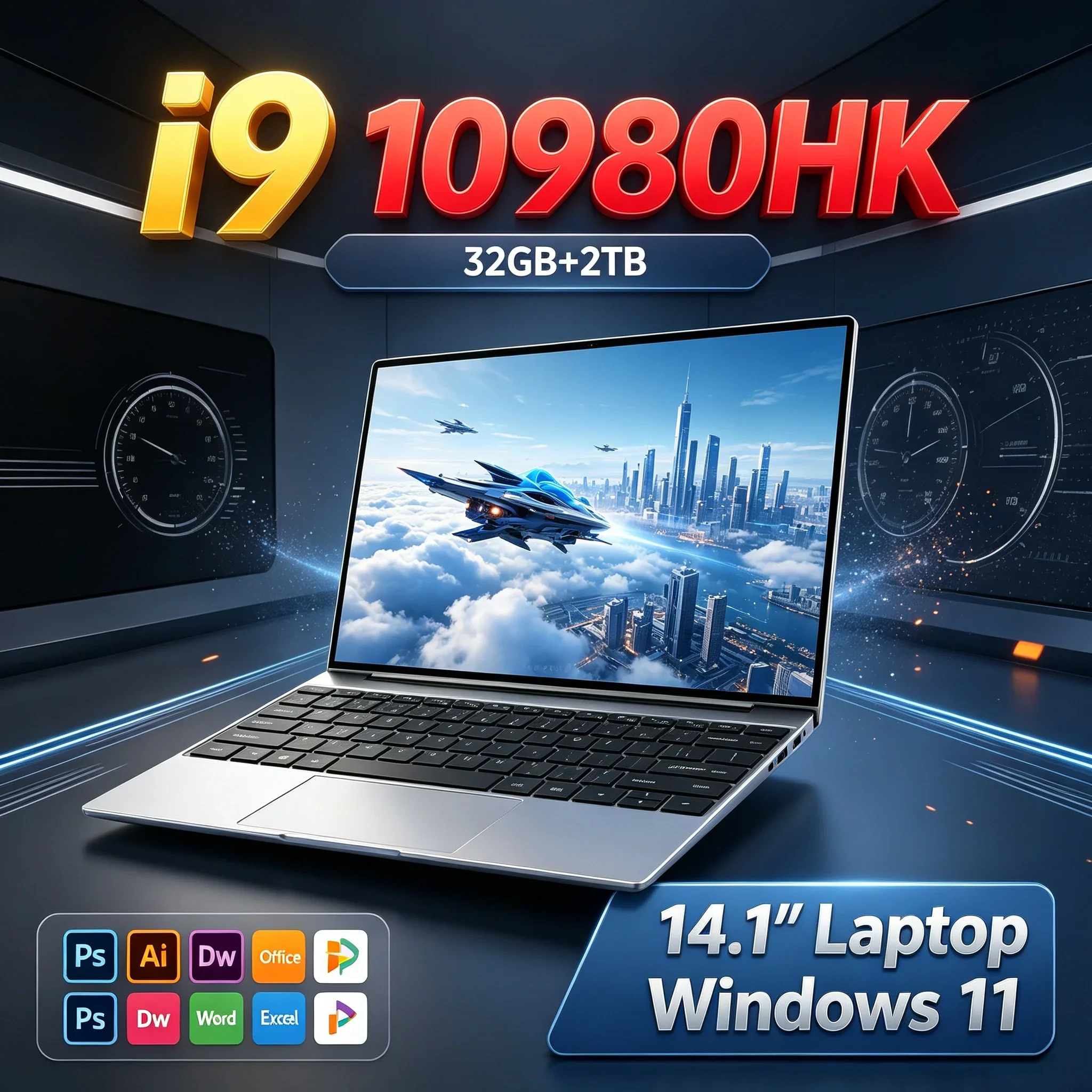 14.1'' Inch Ultra‑thin Laptop Intel I9‑10980HK 32GB RAM 1TB 2TB SSD Windows11 Notebook PC For Home Office Student Entertainment